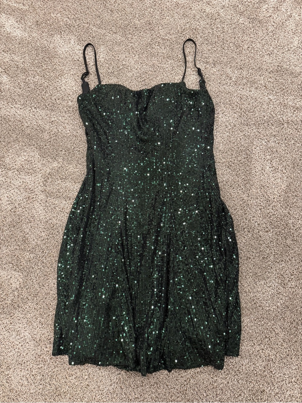 La Femme Emerald Green Sequin Mini Dress with Spaghetti Straps